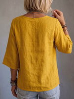 Women's Solid Color Crew Neck 3/4 Sleeve Casual Loose Cotton-linen Top
