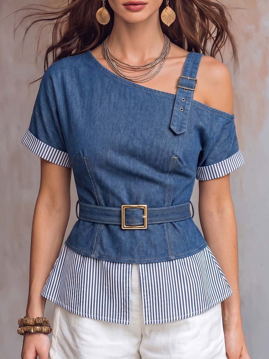 Women's Casual Loose-fit Asymmetric Off-shoulder Short-sleeve Top With Denim And Striped Print Panels