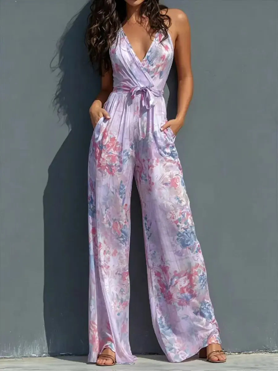 Tropical Floral V-Neck Wide-Leg Jumpsuit