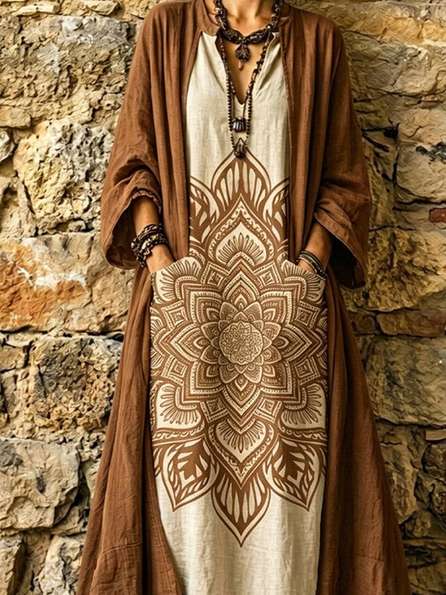 Women's Floral Casual Stylish Dress And Cardigan Cotton And Linen Two-piece Set