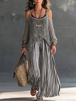 Two-piece Set Featuring A Cozy Off-shoulder Knit Top And Striped Linen-cotton Trousers.