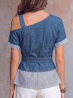 Women's Casual Loose-fit Asymmetric Off-shoulder Short-sleeve Top With Denim And Striped Print Panels
