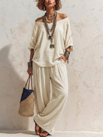 Casual, Loose-fitting Linen Set With Three-quarter Sleeve Top And Wide-leg Trousers