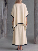 Women's Casual Cotton-linen Set: V-neck 3/4 Sleeve Loose Top & High-waisted A-line Skirt