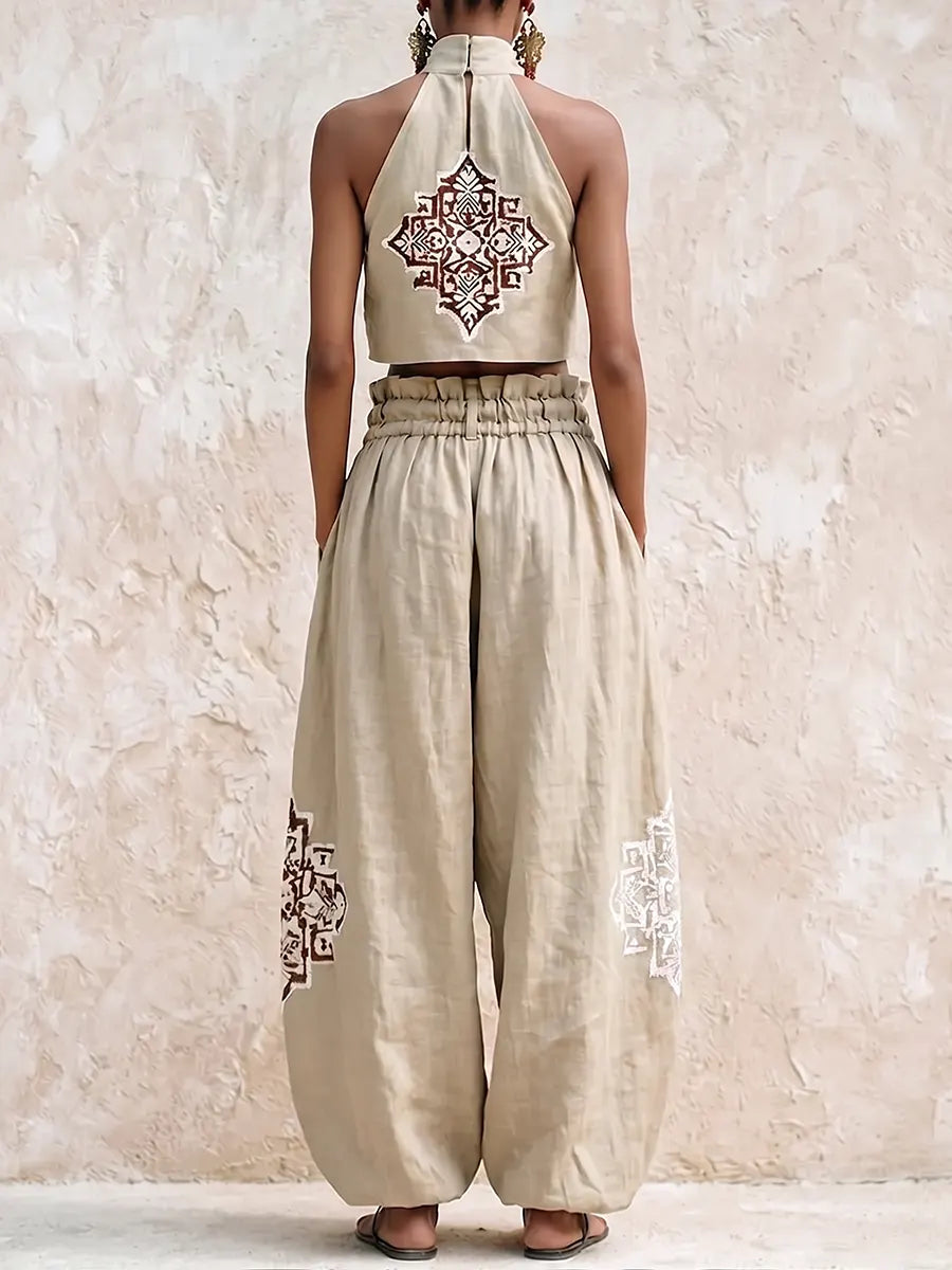 Vintage Khaki Linen Halter & Voluminous Trousers