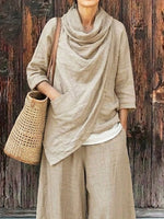 Women's Casual Stylish Cowl Neck Top And Pants Cotton And Linen Two-piece Set
