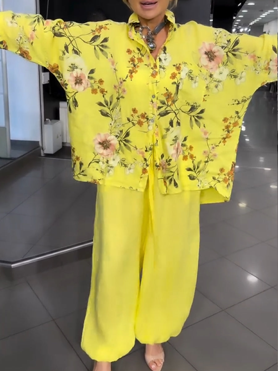Two-piece Set Featuring A Loose, Casual Floral-print Linen-cotton Shirt And Solid-colored Trousers.