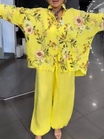 Two-piece Set Featuring A Loose, Casual Floral-print Linen-cotton Shirt And Solid-colored Trousers.