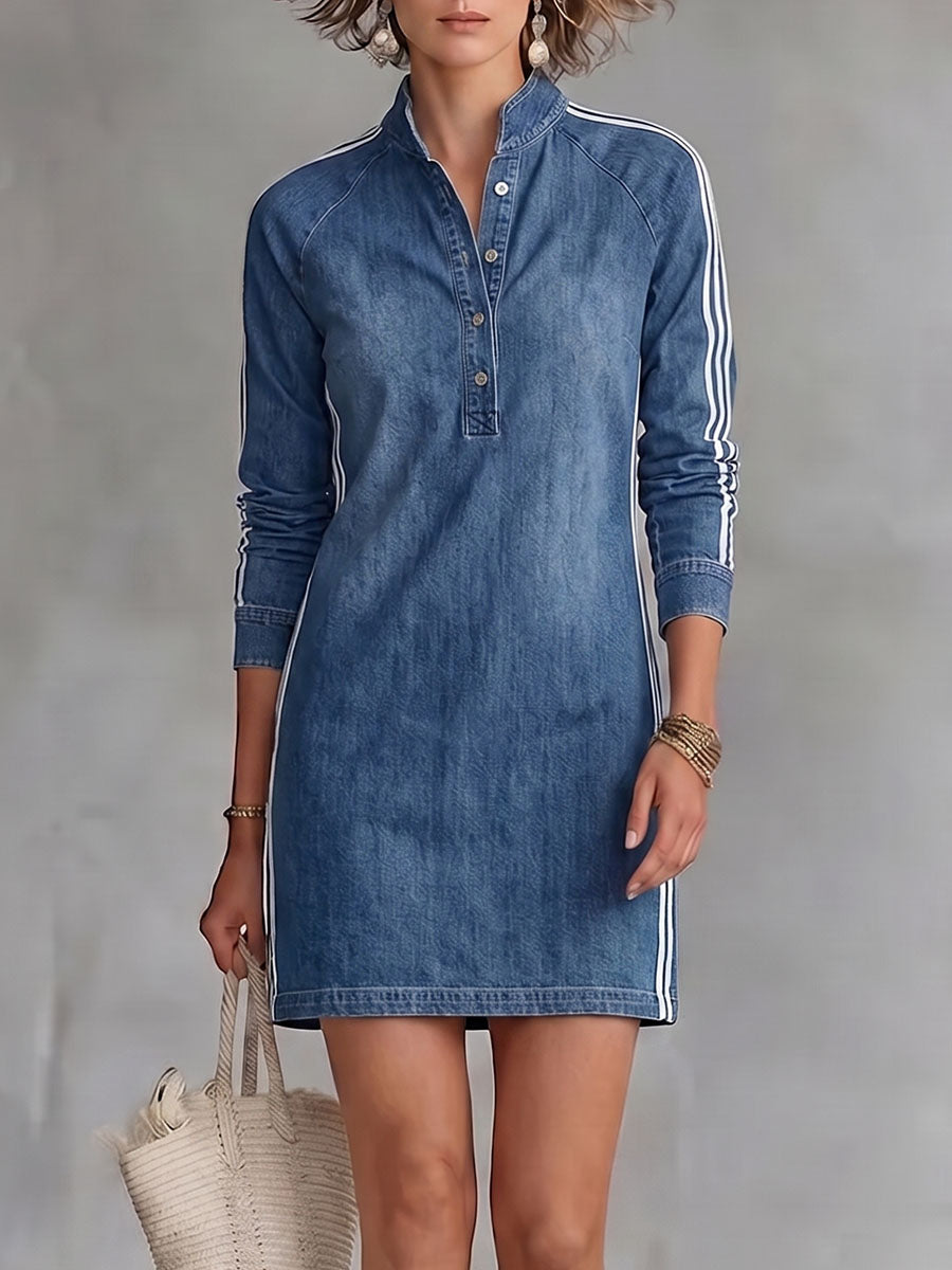 Women's Stand-collar Long-sleeve Loose-fit Casual Denim Dress