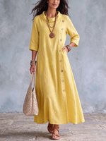 Elegant Yellow Mock-neck Cotton-linen Dress