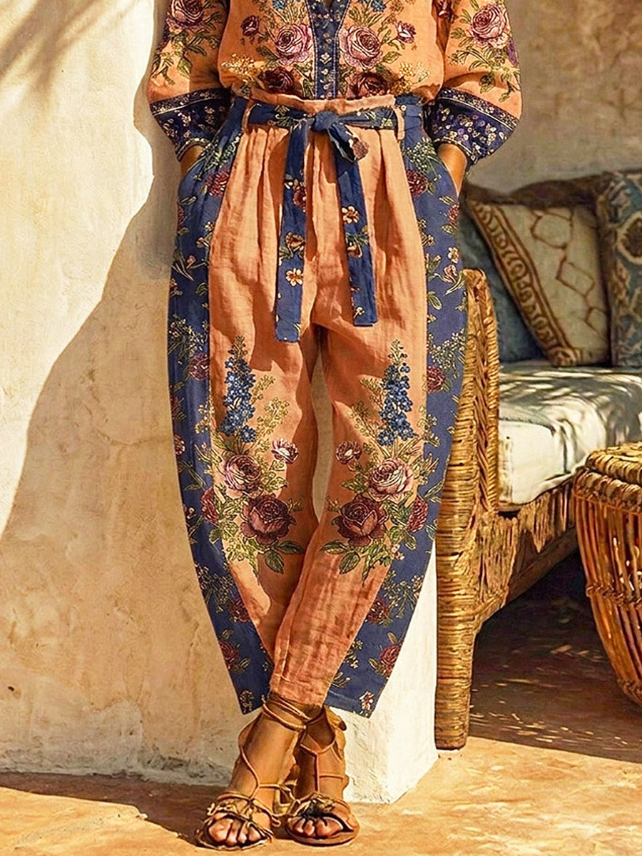 Women's Retro Floral Art Print Casual Top And Pants Cotton And Linen Two-piece Set