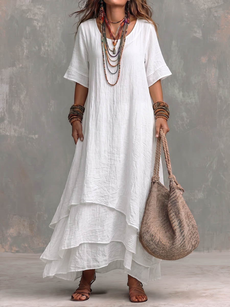 Women's Solid Color Round Neck Short Sleeve Casual Loose Cotton-linen Dress