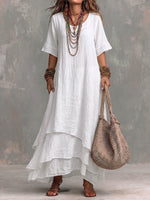 Women's Solid Color Round Neck Short Sleeve Casual Loose Cotton-linen Dress