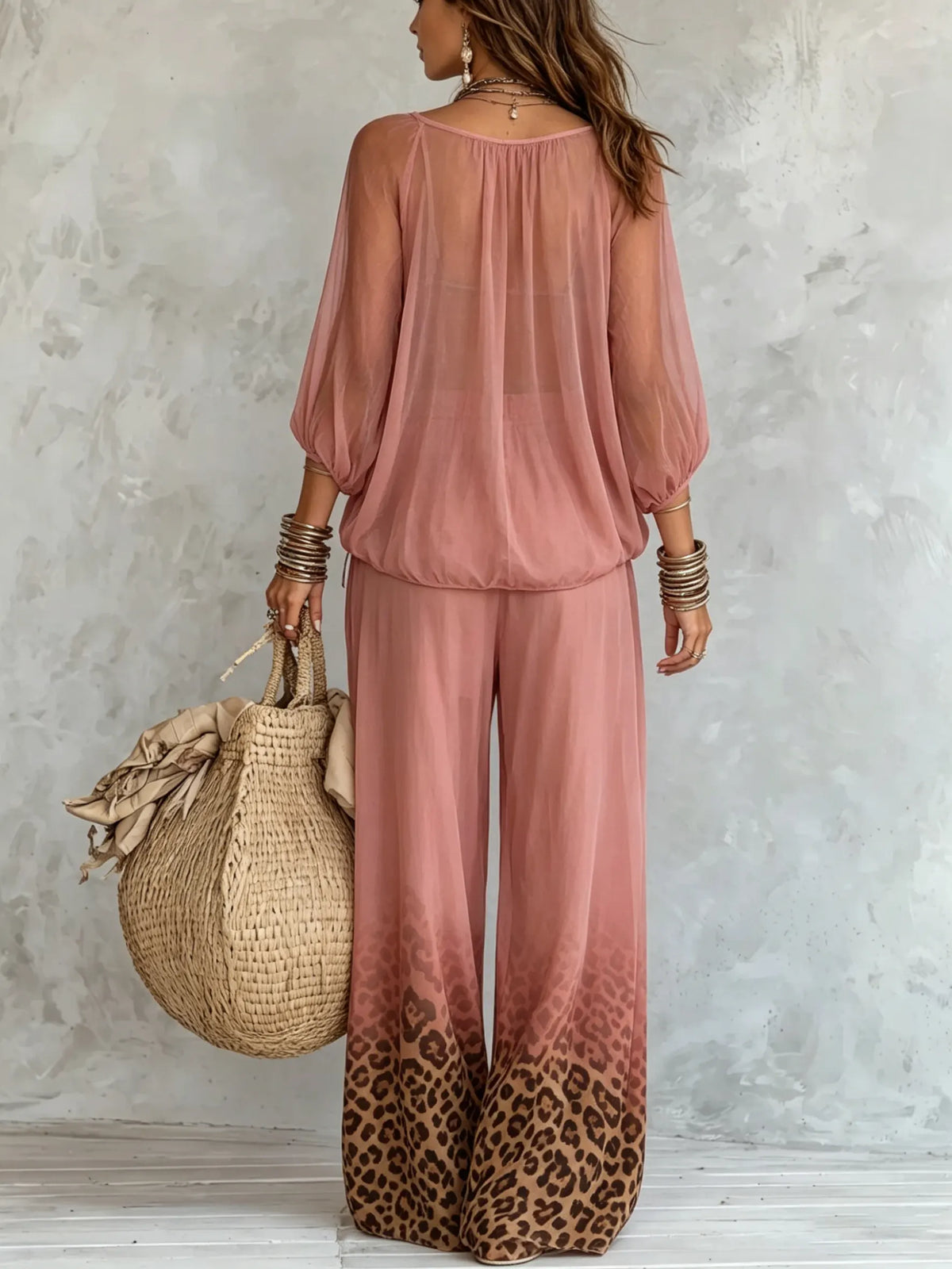 Women's Pink Leopard Ombre Wide-Leg Set