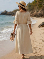 Casual Linen-cotton Button-front Dress With Spliced cut-out Webbing Details