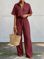 Women's Casual Loose Zip Short Sleeve Pockets Cotton Linen Jumpsuit