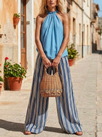 Women's Art Comfortable Casual Top And Striped Pants Cotton Linen Two-piece Set