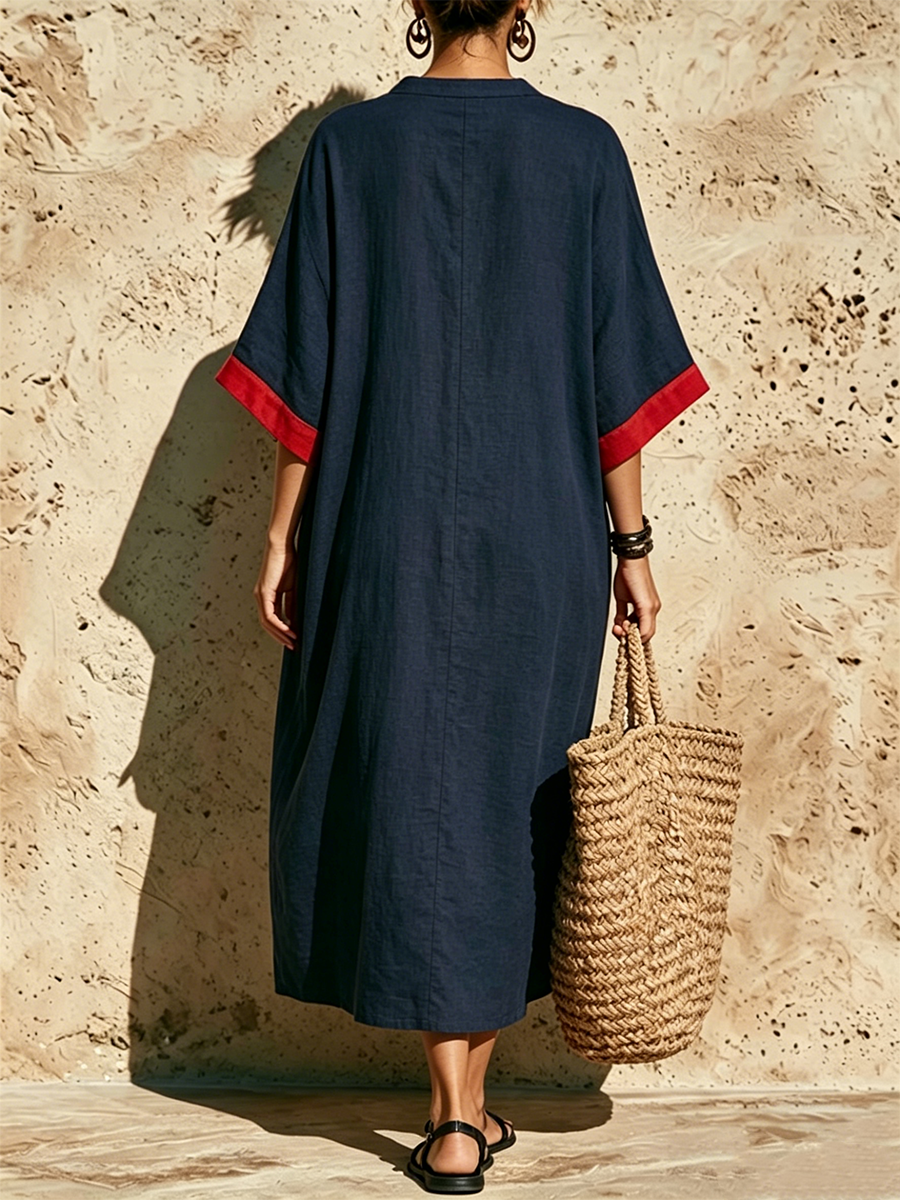 Navy Blue And Red Cotton-linen Dress With Patch Pockets, Featuring A Stand Collar, V-slit, And Mid-length Sleeves With Contrasting Binding At The Cuffs.