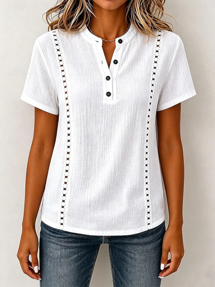 Casual Breathable Cotton-linen Henley Collar Shirt With Flowers Lace Trim