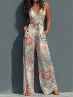 Tropical Floral V-Neck Wide-Leg Jumpsuit