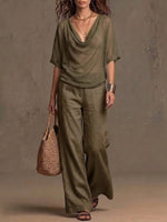 Casual Linen-cotton Two-piece Set With Cowl Neck Top And Trousers
