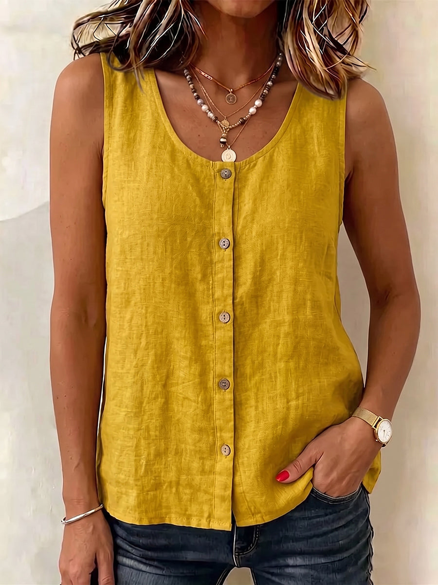 Cozy Button-front Cotton-linen Sleeveless Top