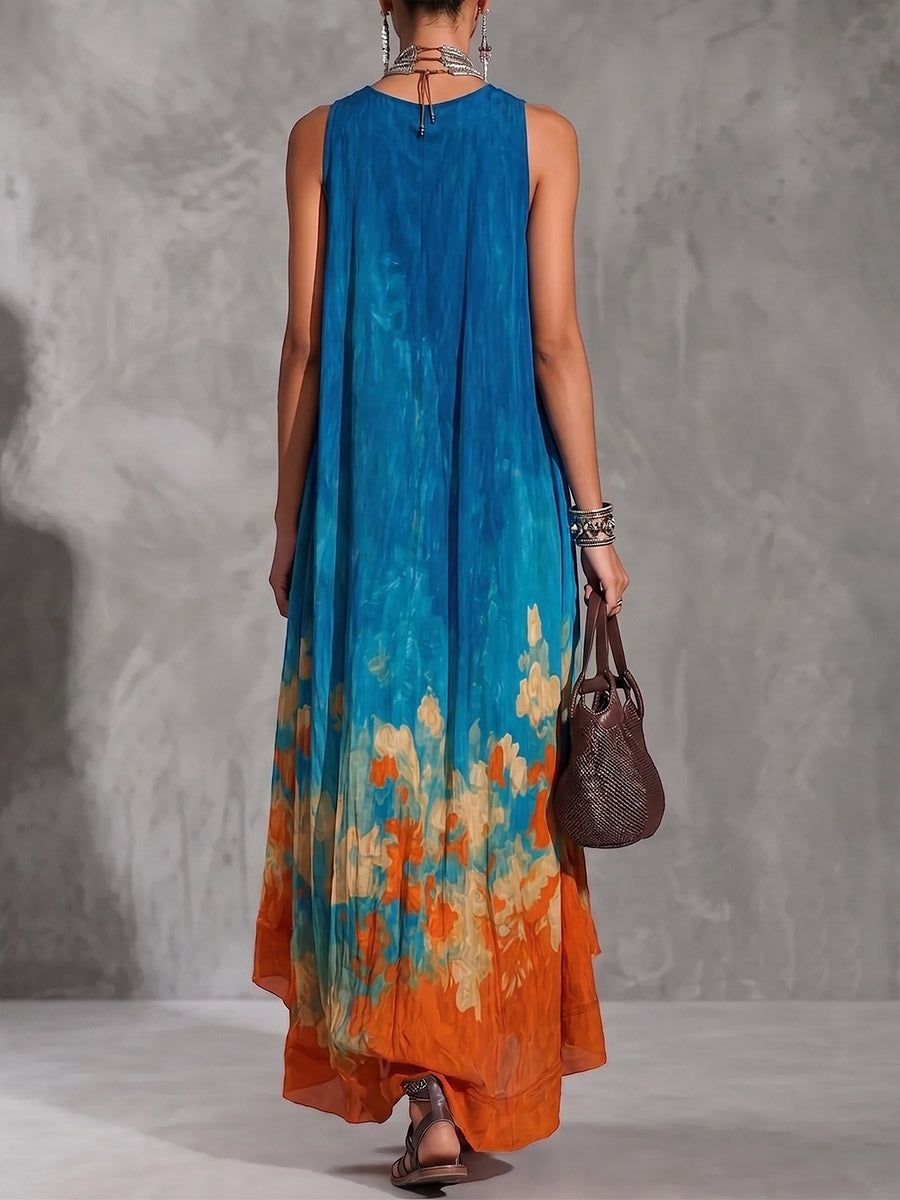 Women's Abstract Oil Painting Print V-neck Sleeveless Casual Loose Cotton-linen Dress