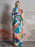 Linen-cotton Dress With Side-tie Waist And Artistic Brushstroke Print
