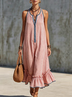 Boho-style Striped Cropped Jumpsuit With Denim Color-contrast Trim