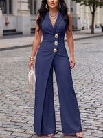 Timeless Elegance-Metal-button Wide-leg Blazer Jumpsuit