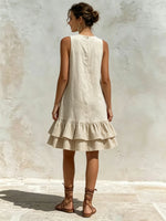 Striped Color-block Sleeveless Round-neck Short Dress In A Cotton-linen Blend With A Double-layer Ruffled Hem