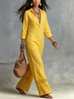 Boho-chic Yellow Cut-out Hems Cotton-linen Jumpsuit