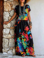 Women's Cotton-linen Set: Abstract Placement-print Crew-neck Short-sleeve Loose Casual Top & High-waisted A-line Skirt