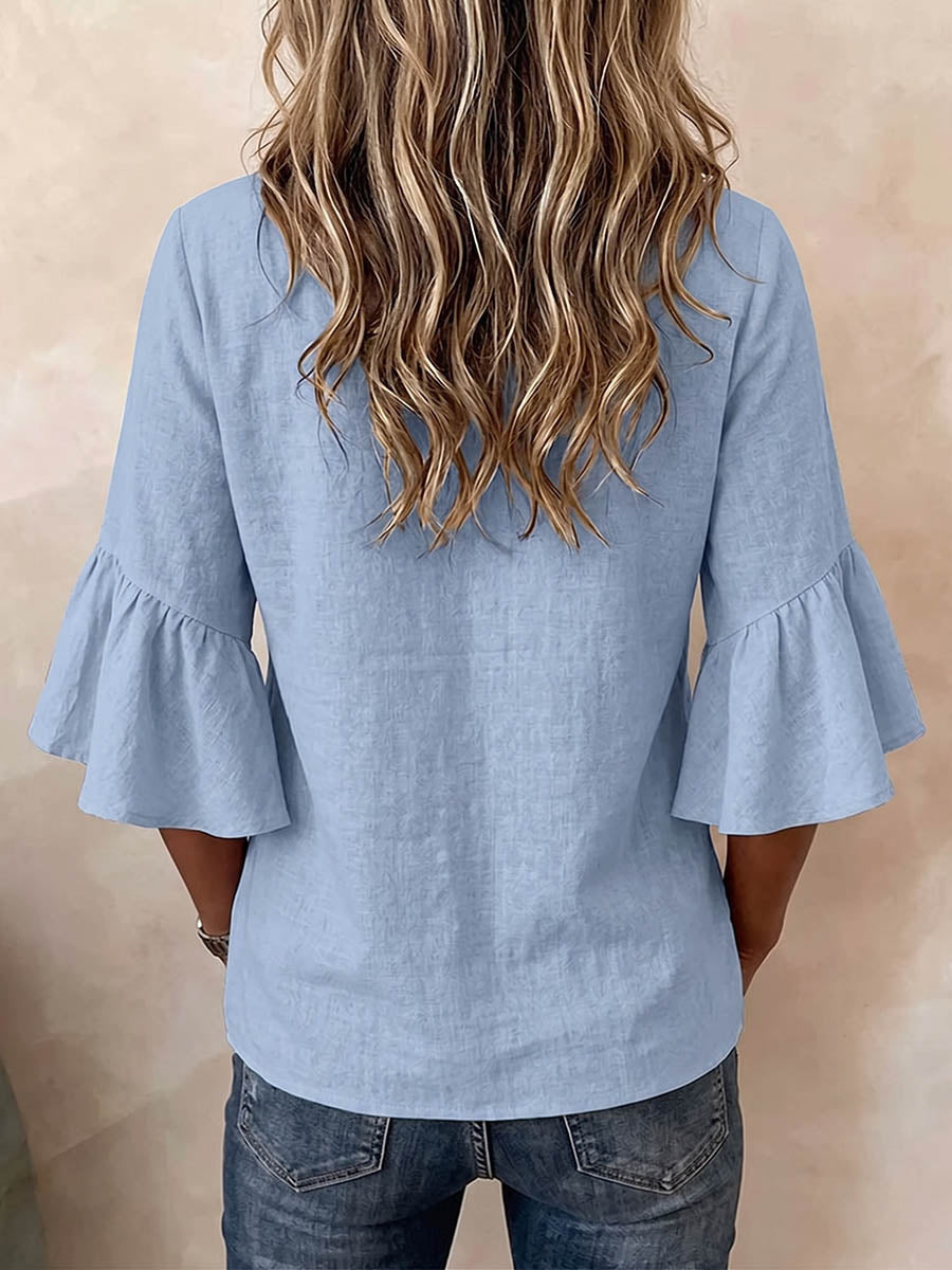 Women's Solid Color V-neck 3/4 Sleeve Casual Loose Cotton-linen Top