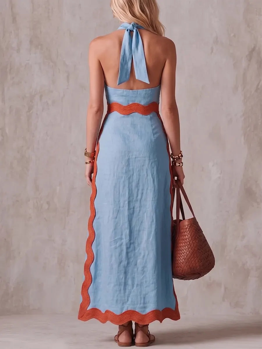 Elegant Linen-Blend Scalloped Halter Maxi Dress