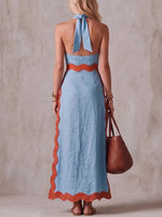 Elegant Linen-Blend Scalloped Halter Maxi Dress