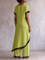 Stylish Resort Wear Cotton-linen Two-piece Set With Elegant Color-contrast Trim