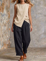 Women's Solid-color Casual Cotton-linen Set: Sleeveless Round-neck Loose Top & High-waisted Wide-leg Pants