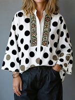 White Black Polka Dot Ethnic Floral Placket Stand Collar 3/4 Flare Sleeve Linen Blend Blouse