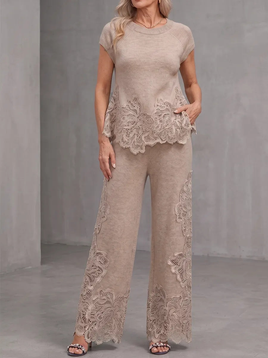 Elegant Lace-appliqué Knit Top & Wide-leg Pant Set