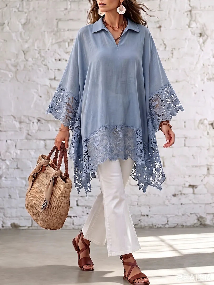 Elegant Lace-Trimmed Asymmetrical Tunic Blouse
