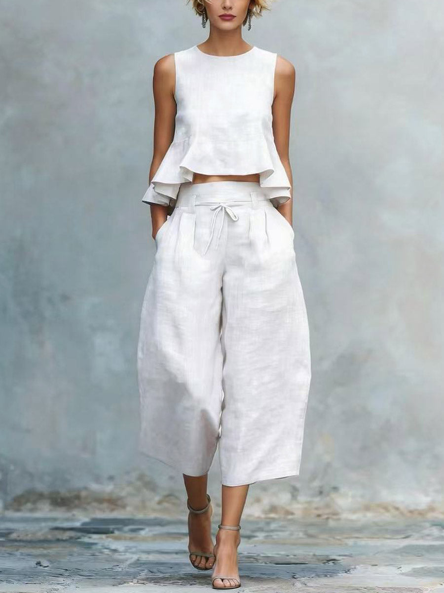 Women's Casual Stylish Ruffled Loose Sleeveless Top And Pants Linen Two-piece Set
