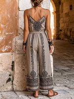 Women's Vintage Print V-neck Cotton-linen Loose Wide-leg Camisole Jumpsuit