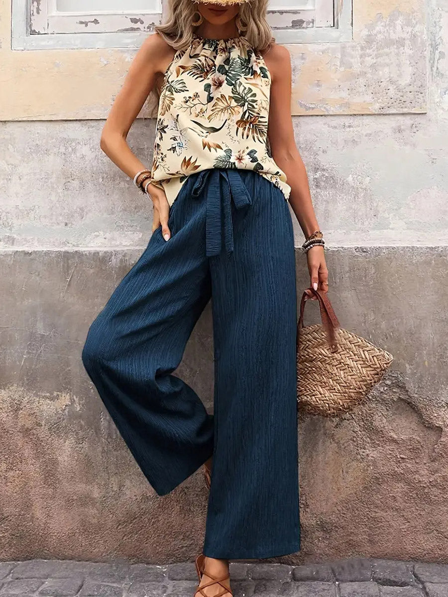 Women's Casual Stylish Floral Loose Sleeveless Top And Pants Two-piece Set