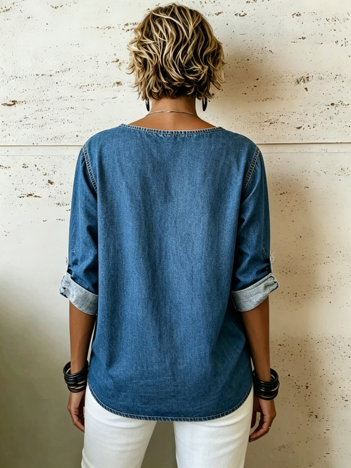 Relaxed-fit, Distressed Soft Denim Shirt Featuring A Crew Neck, Rolled Sleeves, Side Metal Buckles, Side Slits, And An Asymmetrical Hem
