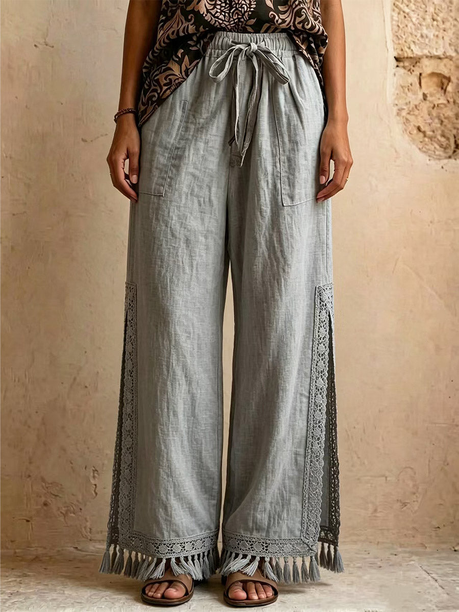 Women's Tassel Side Slit Loose-fit Casual Cotton And Linen Vacation Bohemian-style Wide-leg Pants