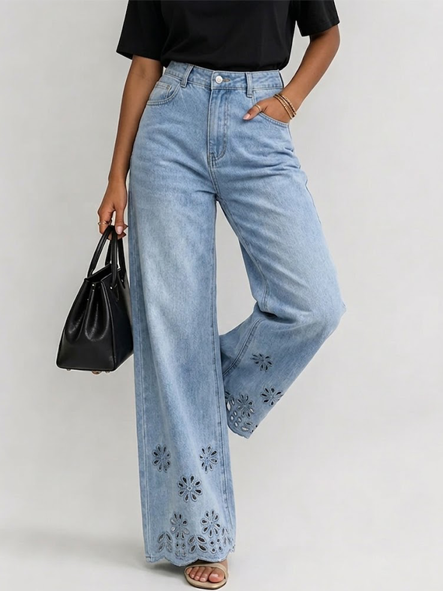 Women's High-waisted Tencel Wide-leg Cropped Jeans With Cut-out Floral Embroidery – Slimming Straight-leg Fit
