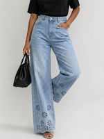 Women's High-waisted Tencel Wide-leg Cropped Jeans With Cut-out Floral Embroidery – Slimming Straight-leg Fit