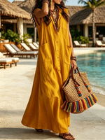 Collared, Sleeveless, Full-button, Loose-fit Long Shirt Dress