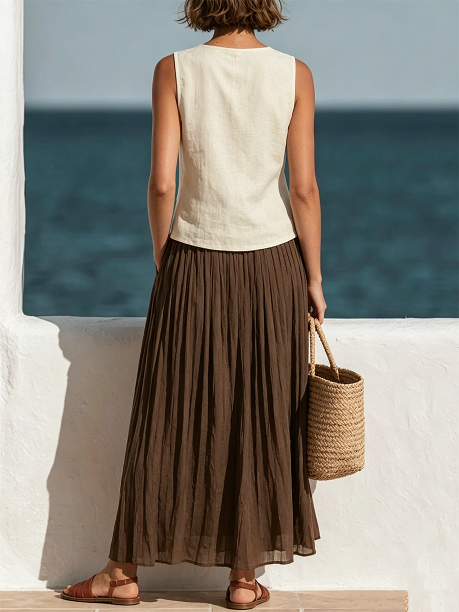 Two-piece Set: Sleeveless Linen Vest With A Round Neck And Side-button Detail + Pleated Wide-leg Maxi Skirt